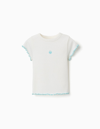 T-shirt canelada com extremidades onduladas para menina, branco/azul