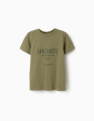 T-shirt de algodão com estampado Lanzarote para menino, verde-escuro