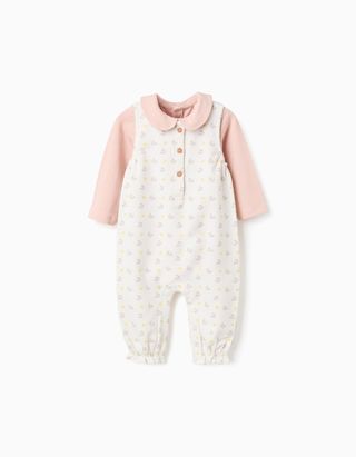 Body de manga comprida + macacão com motivo para recém-nascida, rosa/branco