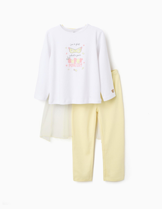 Pijama comprido de algodão com capa amovível para menina, branco/amarelo
