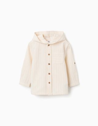 Camisa de linho às riscas com capuz para bebé menino, bege-claro