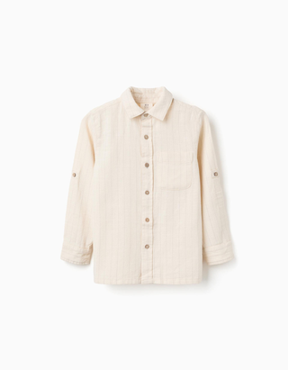 Camisa de manga comprida de linho às riscas para menino, bege-claro
