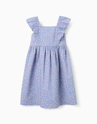 Vestido de popeline com motivo floral e folhos para menina, azul