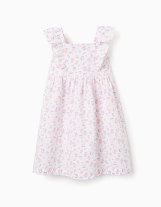 Vestido para meninas, sem mangas, com inserção de volantes, saia franzida, floral