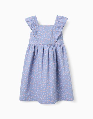 Vestido de popeline com motivo floral e folhos para menina, azul
