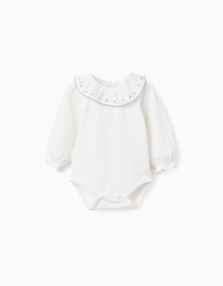 Body de manga comprida com gola bordada para recém-nascida, branco/azul