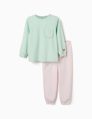 Pijama de veludo com folhos e estampados para menina, verde-claro/rosa
