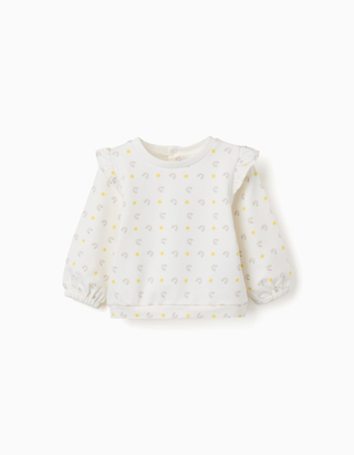 Sweat de algodão com folhos e motivo para recém-nascida, branco