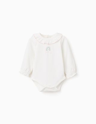 Body de manga comprida com arco-íris estampado para recém-nascida, branco