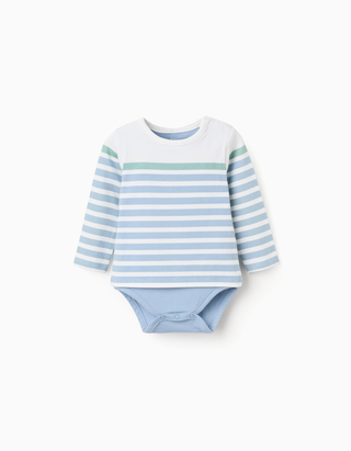 Body de manga comprida às riscas para recém-nascido, azul/branco/verde