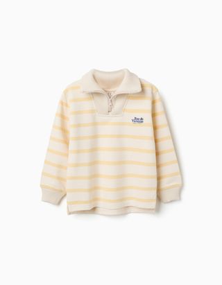 Sweat de algodão às riscas com meio fecho para menino, branco/amarelo