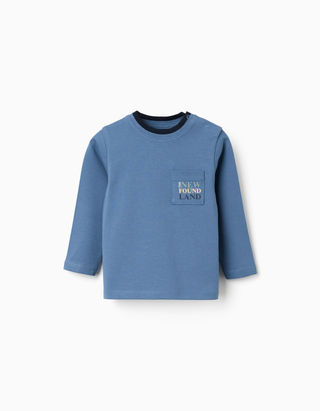T-shirt de manga comprida de algodão com bolso para bebé menino, azul