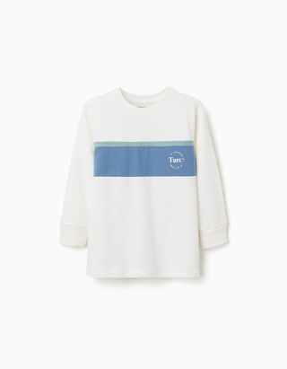 T-shirt de algodão com estampado para menino, branco/azul/verde