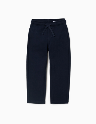 Calças slim em piqué de algodão com cordão para menino, azul-escuro