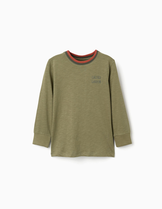 T-shirt de algodão com bordado Cactus Garden para menino, verde-escuro