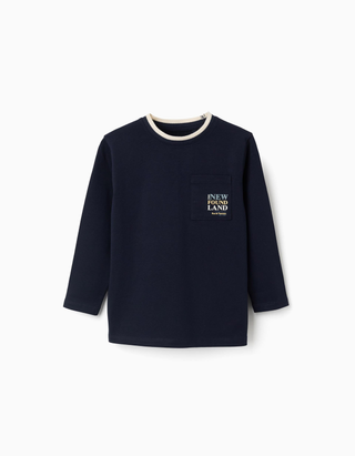 T-shirt de manga comprida de algodão com bolso para menino, azul-escuro