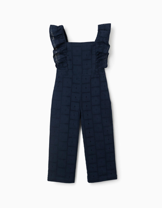 Macacão de algodão com bordado inglês e folhos para menina, azul-escuro