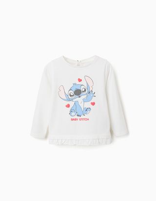 T-shirt de algodão com o Stitch e folhos para bebé menina, branco