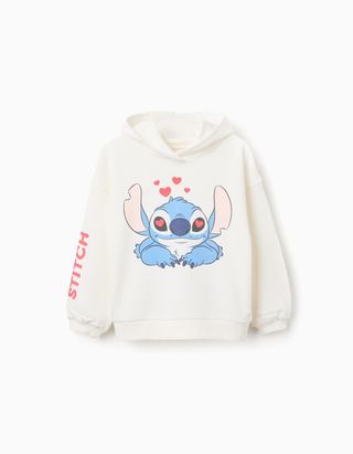 Sweat cardada com capuz e estampados do Stitch para menina, branco