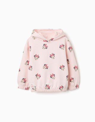 Sweat cardada com capuz e motivo da Minnie para menina, rosa-claro
