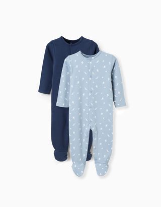2 babygrows de algodão canelado/estampado para recém-nascido e bebé, azul