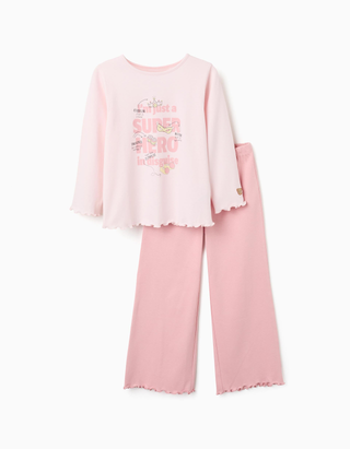 Pijama comprido de algodão com estampado Superhero para menina, rosa