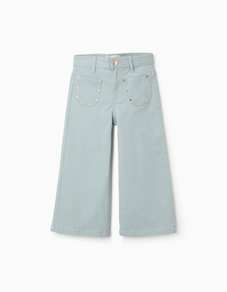 Calças wide leg de sarja com tachas para menina, verde-claro