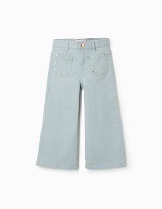 Calças wide leg de sarja com tachas para menina, verde-claro