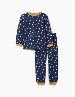 Pijama comprido de algodão com estrelas para menino, azul-escuro/amarelo