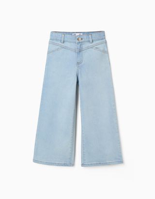 Calças de ganga wide leg de algodão para menina, azul-claro