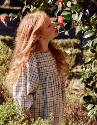 Vestido de algodão com xadrez e mangas balão para menina, multicolor