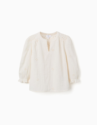 Blusa de algodão com bordado inglês e folhos para menina, branco