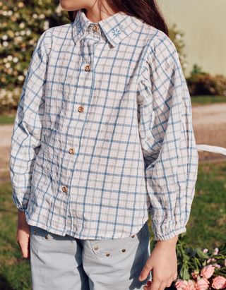 Camisa de algodão com xadrez e mangas balão para menina, multicolor