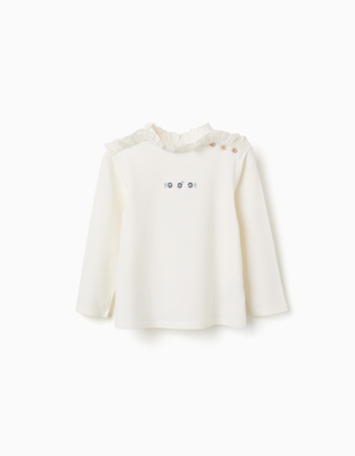 T-shirt de algodão com flores bordadas para menina, branco