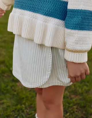 Saia-calção de algodão às riscas com nó para menina, verde-claro/branco