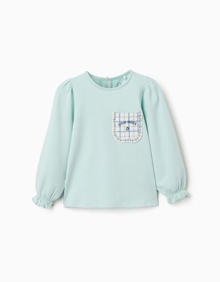 T-shirt de manga comprida de algodão com um bolso para menina, azul-claro