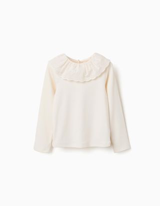 T-shirt de algodão canelado com bordado inglês para menina, branco