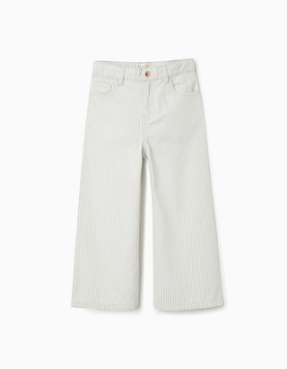 Calças wide leg de algodão às riscas para menina, verde-claro/branco