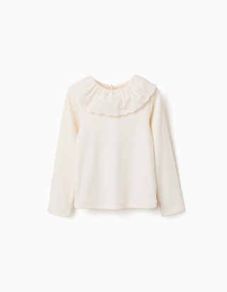 T-shirt de algodão canelado com bordado inglês para menina, branco