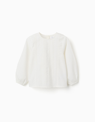 Blusa de popeline de manga comprida com pregas para menina, branco