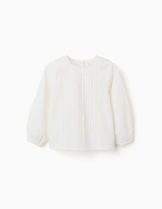 Blusa de popeline de manga comprida com pregas para menina, branco