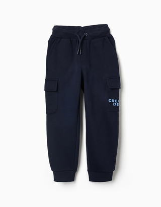 Calças joggers cargo cardadas com estampado Creative para menino, azul