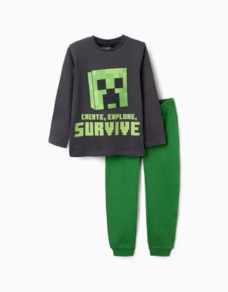 Pijama comprido de algodão com estampado Minecraft para menino, cinza/verde