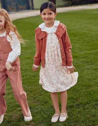 Vestido floral de manga comprida com forro para menina, bege-claro/rosa
