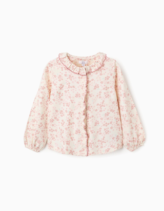 Blusa floral de manga comprida com folhos para menina, bege-claro/rosa