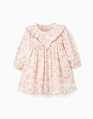 Vestido floral de manga comprida com forro para bebé menina, bege/rosa