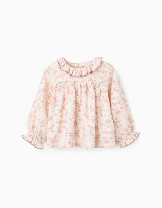 Blusa floral de manga comprida com folhos para bebé menina, bege/rosa