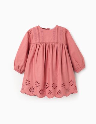 Vestido de popeline com bordado inglês para bebé menina, rosa