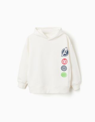 Sweat cardada com capuz e estampados Avengers para menino, branco