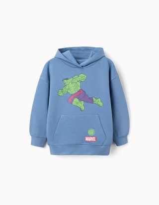 Sweat cardada com capuz e estampado do Hulk para menino, azul